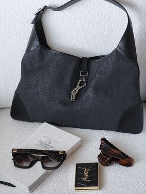 Vintage Gucci Black Denim Leather Jackie Hobo With Silver Clasp - Tom Ford Era